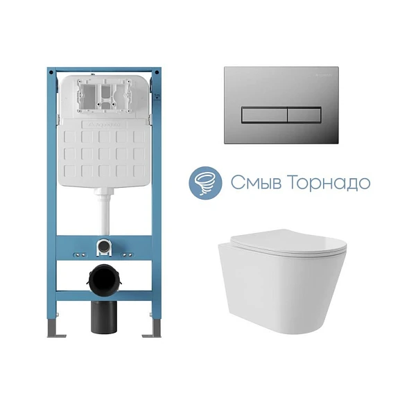 Комплект инсталляции Aqueduto Tecnica Novo с безободковым унитазом Cone Plus Tornado белый глянец, клавиша смыва Retangulo глянцевый хром