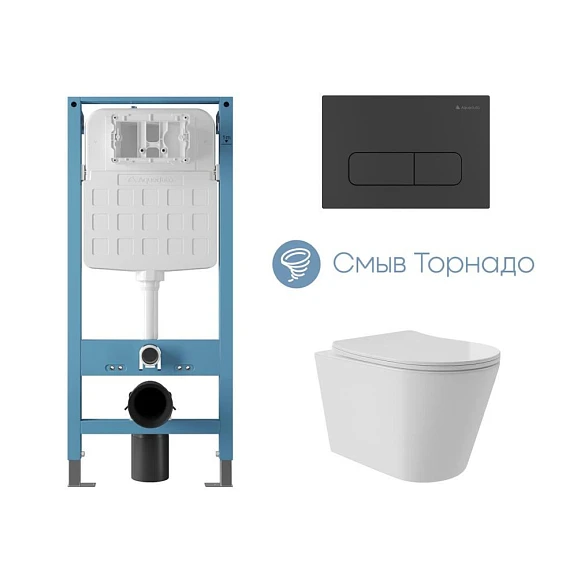 Комплект инсталляции Aqueduto Tecnica Novo с безободковым унитазом Cone Plus Tornado белый глянец, клавиша смыва Forma черная матовая