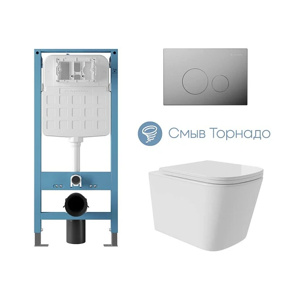 Комплект инсталляции Aqueduto Tecnica Novo с безободковым унитазом Macio Plus Tornado белый глянец, клавиша смыва Circulo Novo глянцевый хром