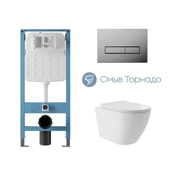 Комплект инсталляции Aqueduto Tecnica Novo с безободковым унитазом Ovo Plus Tornado белый глянец, клавиша смыва Retangulo глянцевый хром