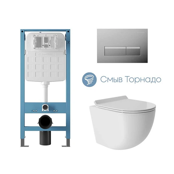 Комплект инсталляции Aqueduto Tecnica Novo с безободковым унитазом Ovo Tornado белый глянец, клавиша смыва Retangulo Novo глянцевый хром