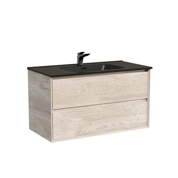 Тумба с раковиной Sancos Marmi 2.0 90 дуб галифакс натуральный (раковина Element CN7002MB черная матовая)