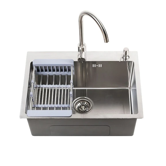 Кухонная мойка Melana ProfLine 60*45 врезная прямоугольная сатин со смесителем, дозатором и коландером