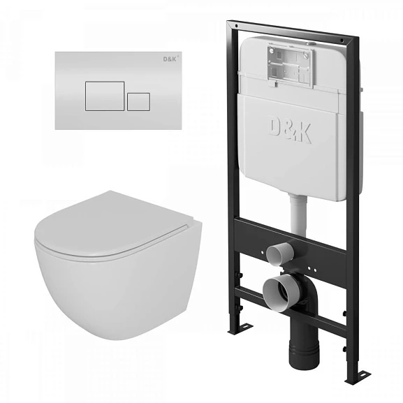 Комплект инсталляции D&K DI8055119 с безободковым унитазом Matrix, клавиша смыва Quadro белая