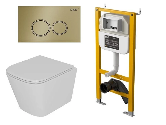 Комплект инсталляции D&K DI8050127 с безободковым унитазом Berlin Торнадо, клавиша смыва Bayern матовое золото