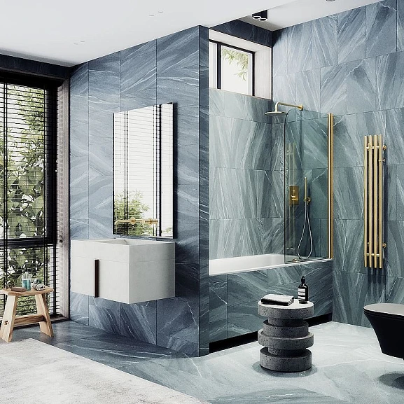 Душевая шторка на ванну MaybahGlass MGV-599-3 70*140 профиль золото матовое стекло прозрачное