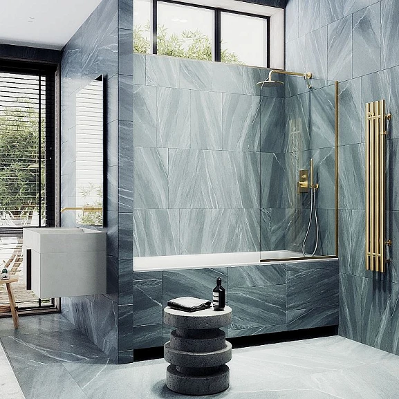 Душевая шторка на ванну MaybahGlass MGV-142-3у 54*140 профиль золото матовое стекло прозрачное